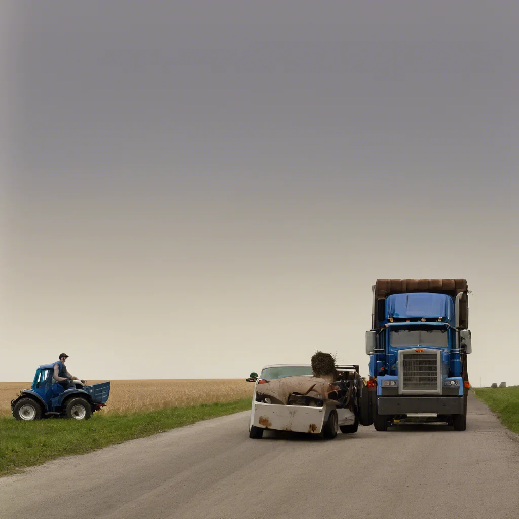a truck facing away from a tractor