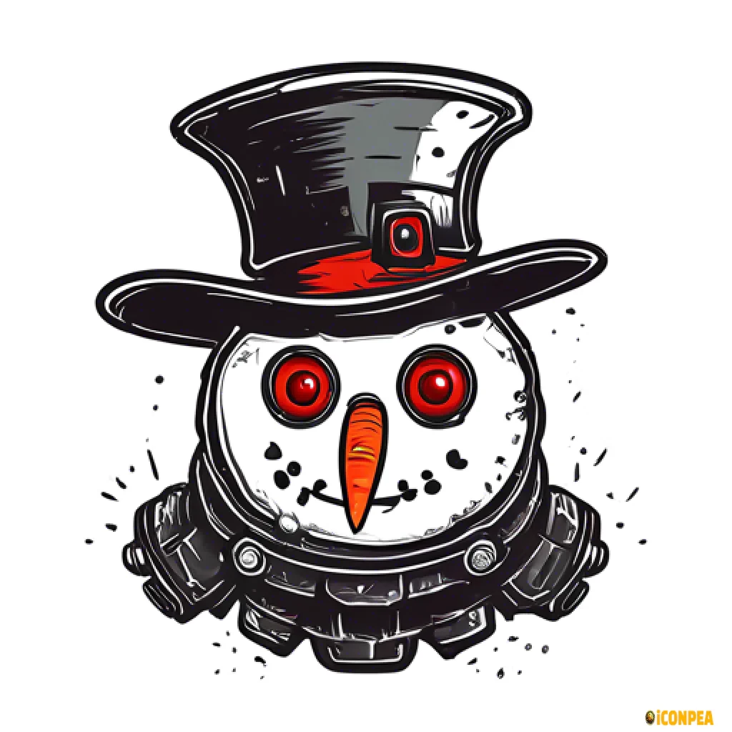 the head of an evil black snowman with red eyes, who has a big gear instead of a hat and a bitten carrot instead of a nose