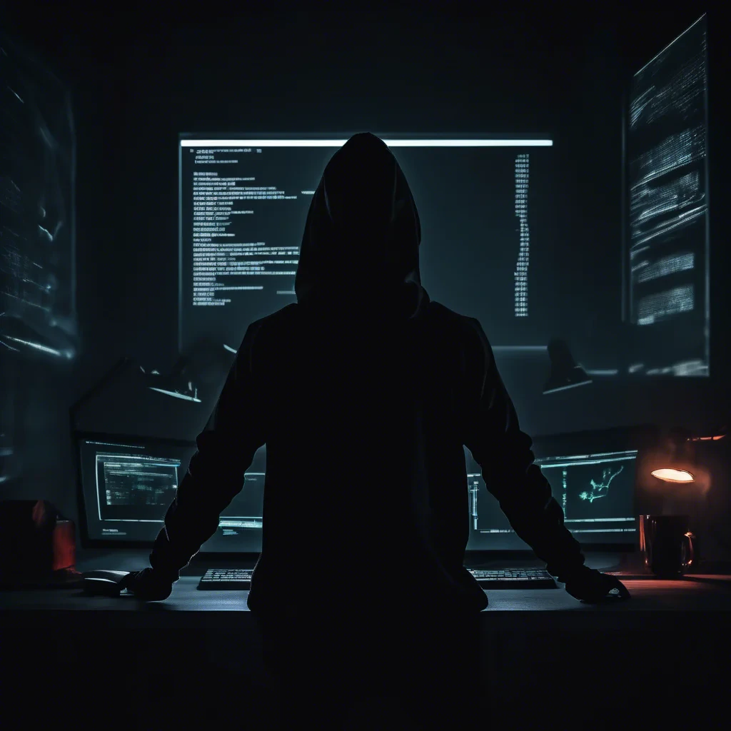 dark moody room with a siluette with a black hoodie, stearing at a computer screen with code