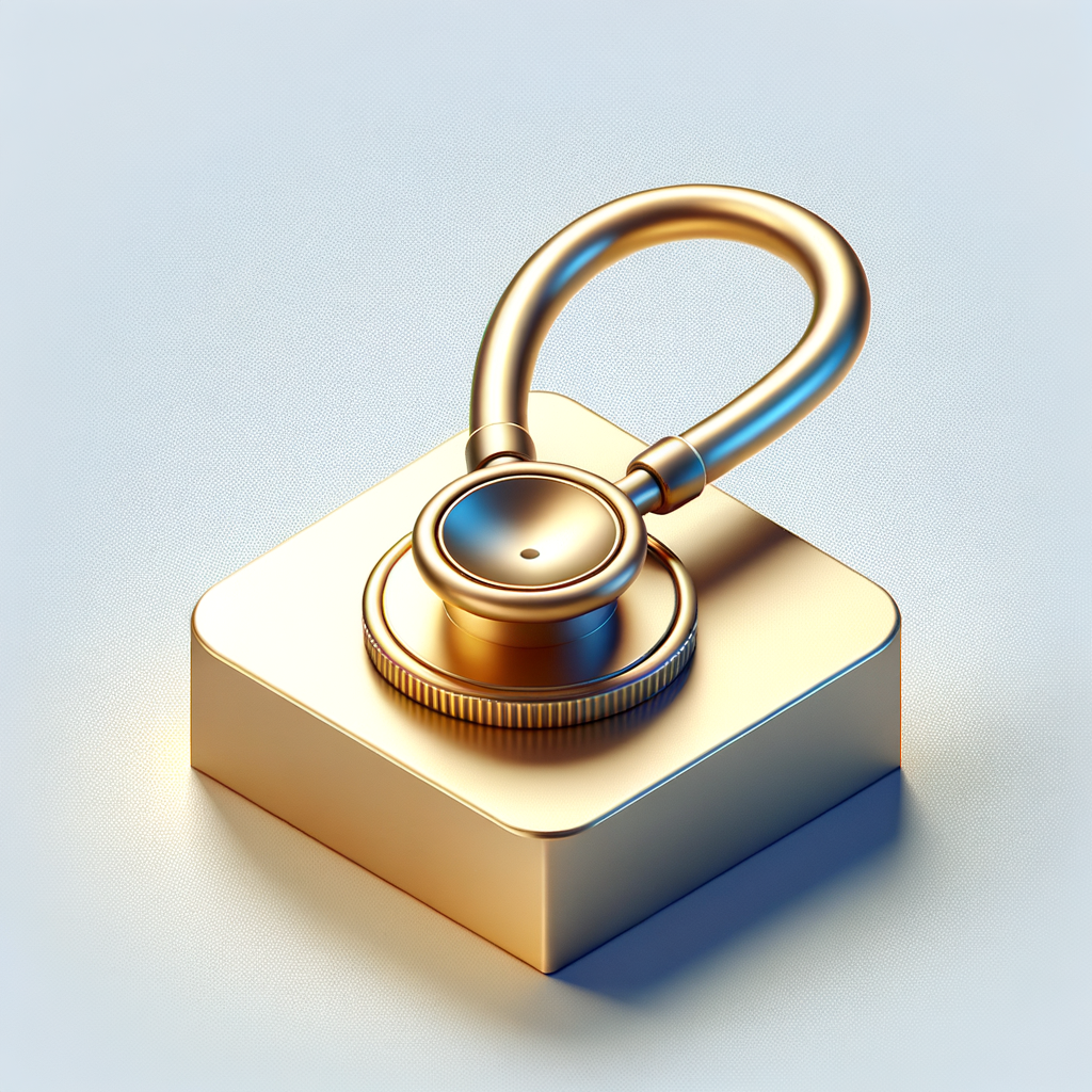 Create a golden medical icon of a stethoscope.  Style: polished gold metallic material with soft reflections, premium look. Perspective: isometric 45-degree view with slight 3D depth (2D/3D hybrid icon). Design: simple, clean, stylized shapes, readable as a game icon, consistent proportions. Lighting: soft studio lighting with subtle highlights on the metal surface. Background: pure white background. Composition: centered icon, isolated object, no base, no pedestal, no trophy stand.  Game-ready icon, consistent style, isometric medical icon, golden metallic material, high quality
