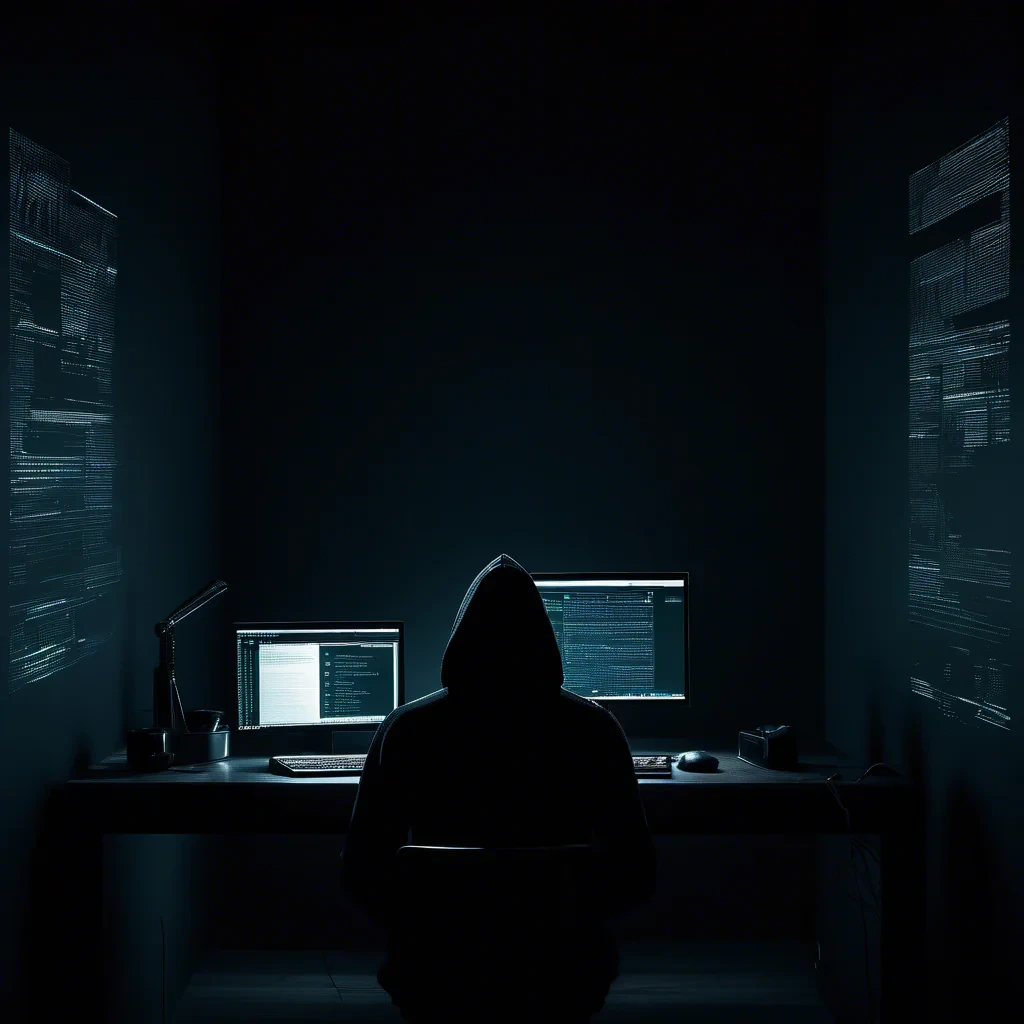 dark moody room with a siluette with a black hoodie, stearing at a computer screen with code