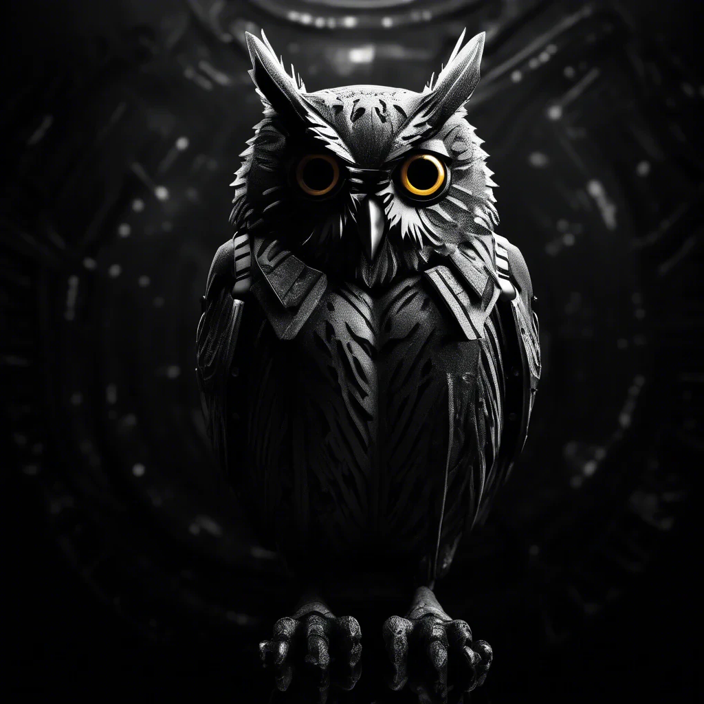 cyber spy owl in black and white moody dark atmosphere