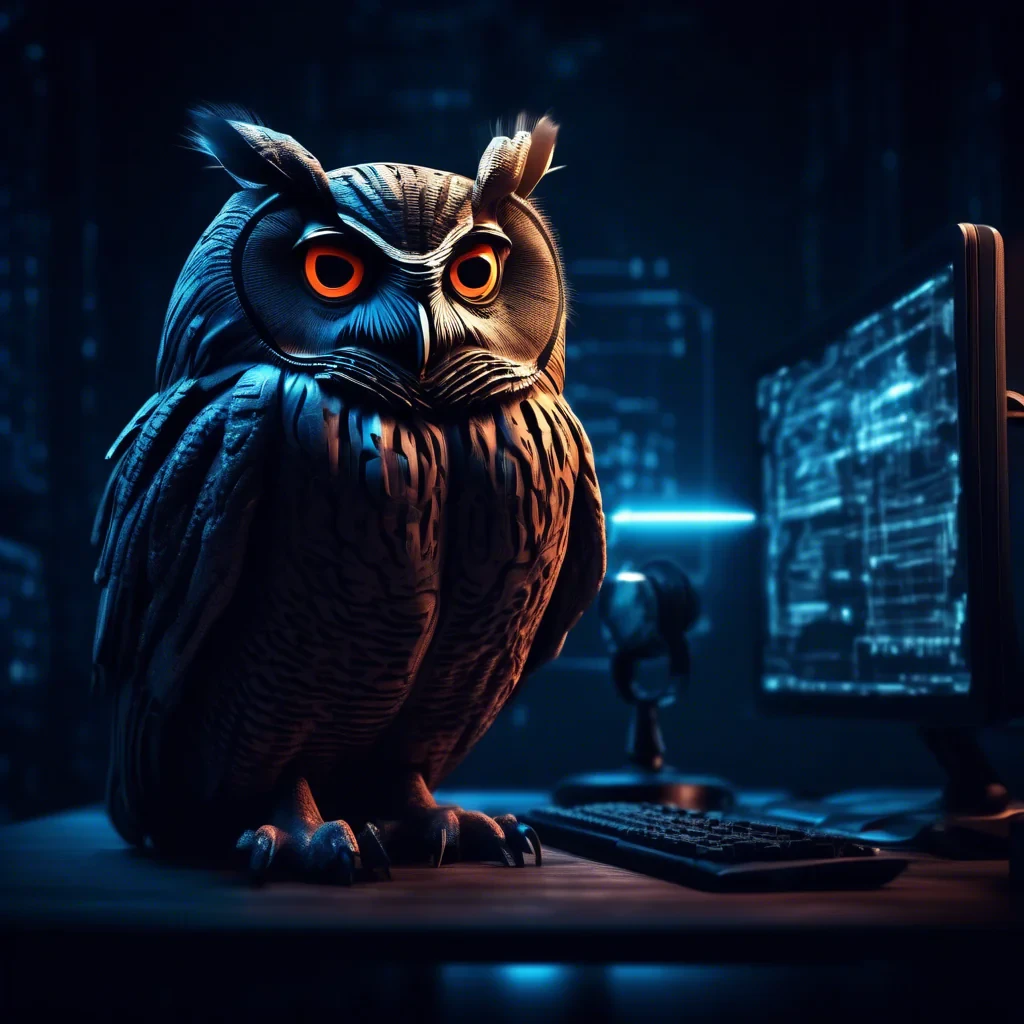 cyber night owl in a dark moody room. surveillance, spy, hacker, coder