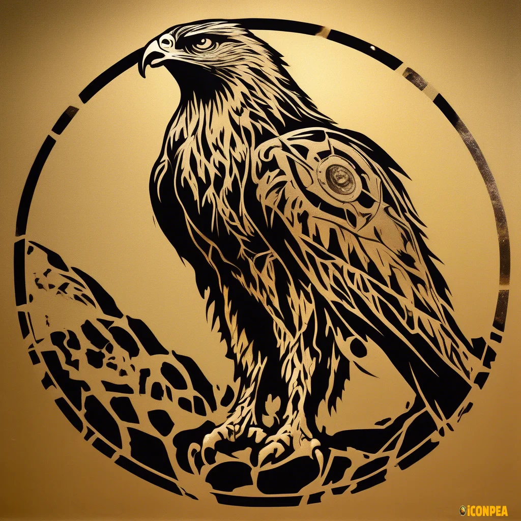 Fearsome hawk protecting planet Earth, metallic (noble, grand, sacred, stencil)