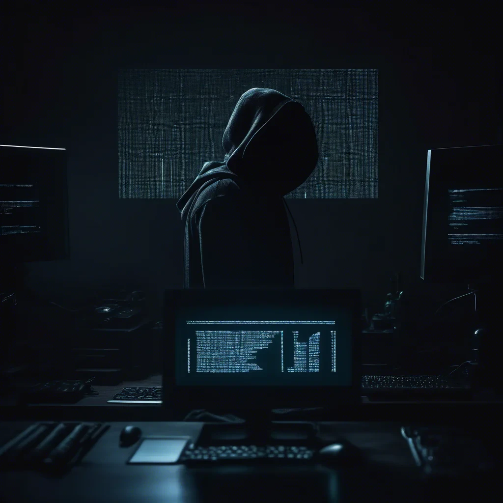dark moody room with a siluette with a black hoodie, stearing at a computer screen with code