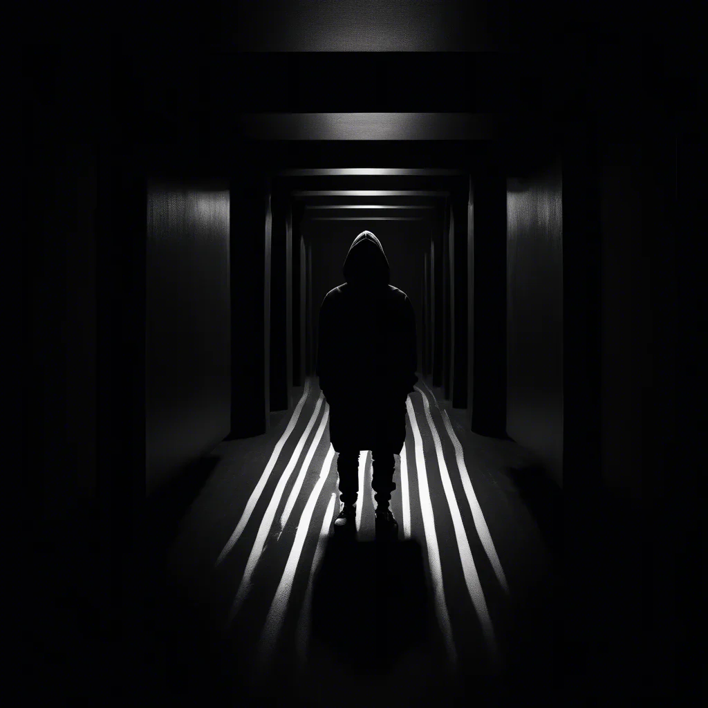 dark moody room with a siluette wearing a black hoodie with white stripes