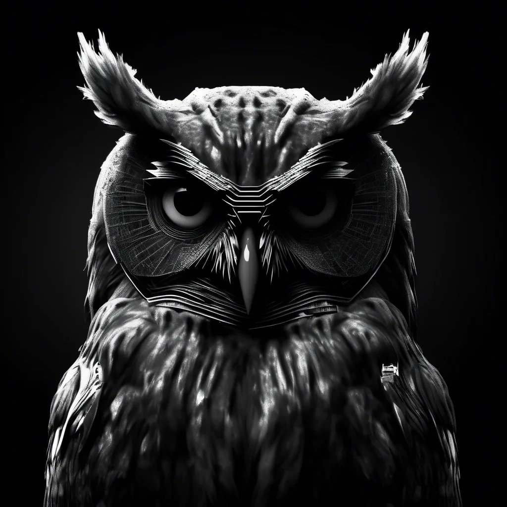 cyber spy owl in black and white moody dark atmosphere