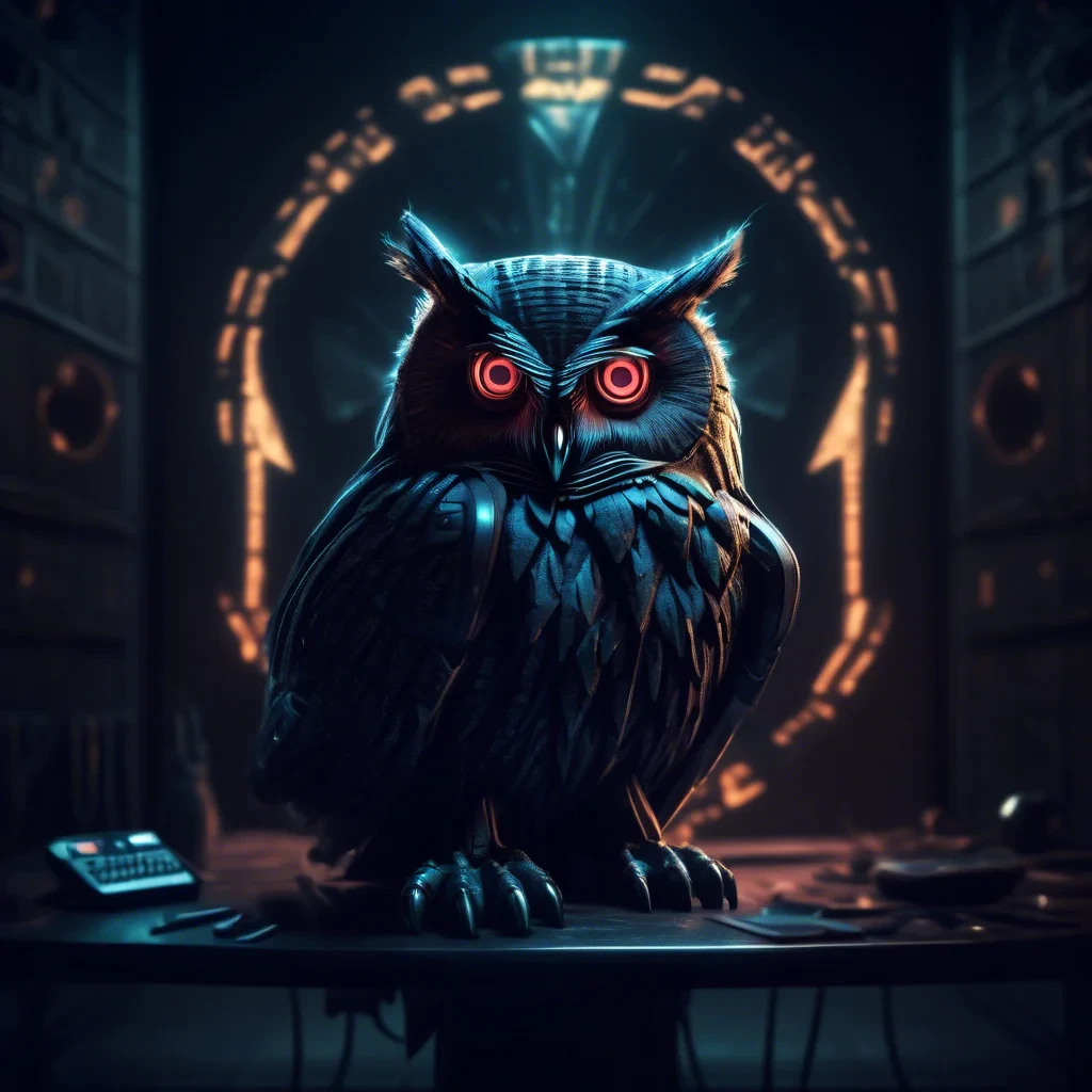 cyber night owl in a dark moody room with illuminati symbol behind the owl