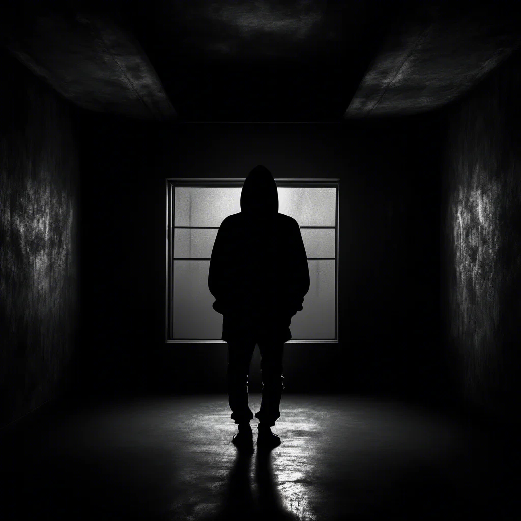 dark moody room with a siluette wearing a black hoodie, stearing at the viewer