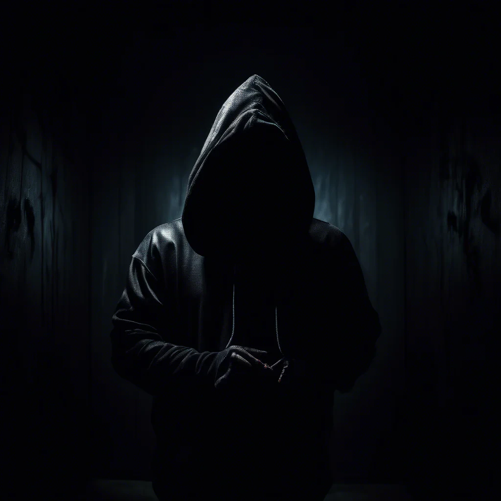 dark moody room with a siluette wearing a black hoodie, stearing with horrifying eyes