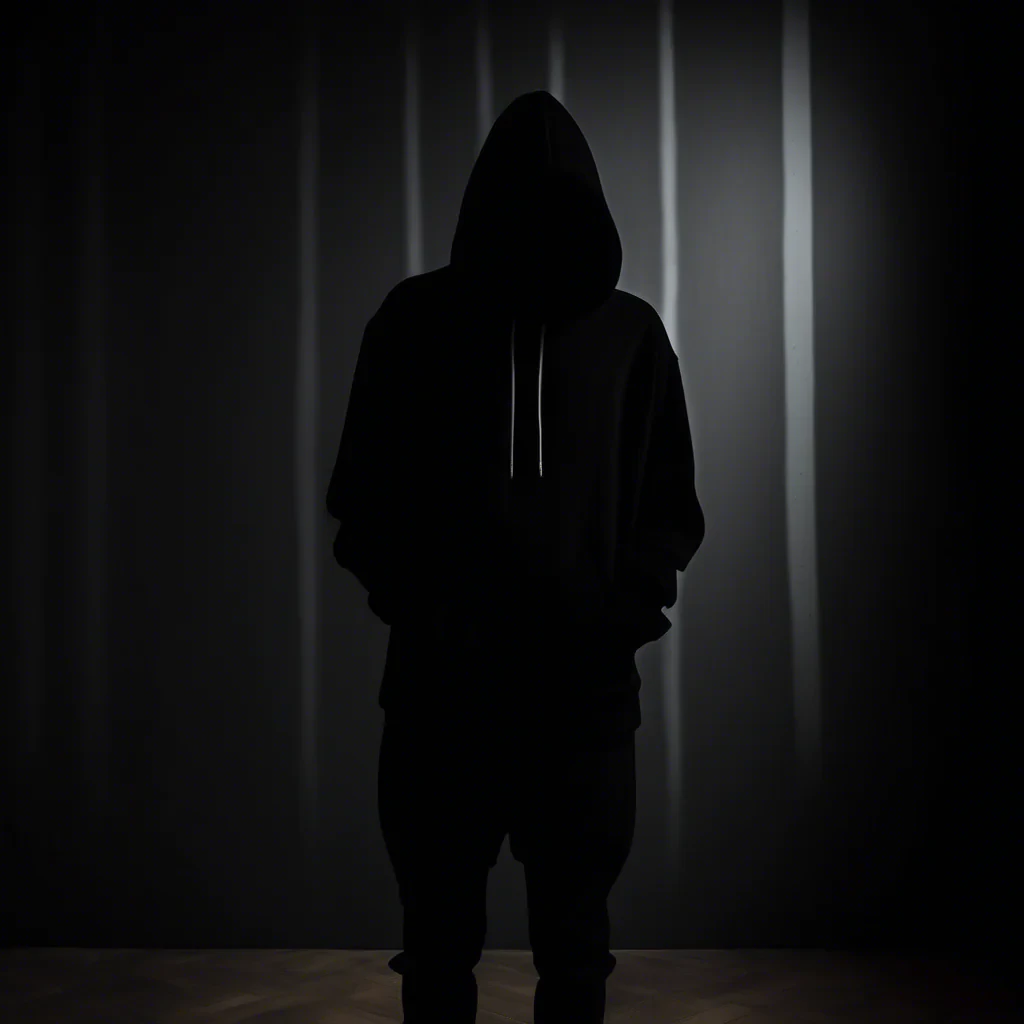 dark moody room with a siluette wearing a black hoodie with white stripes
