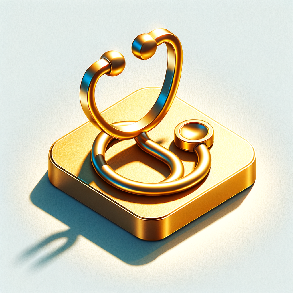 Create a golden medical icon of a stethoscope.  Style: polished gold metallic material with soft reflections, premium look. Perspective: isometric 45-degree view with slight 3D depth (2D/3D hybrid icon). Design: simple, clean, stylized shapes, readable as a game icon, consistent proportions. Lighting: soft studio lighting with subtle highlights on the metal surface. Background: pure white background. Composition: centered icon, isolated object, no base, no pedestal, no trophy stand.  Game-ready icon, consistent style, isometric medical icon, golden metallic material, high quality