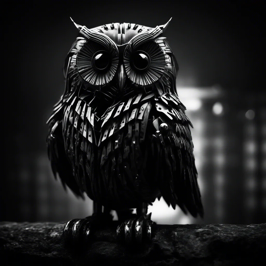 cyber owl in black and white moody dark atmosphere