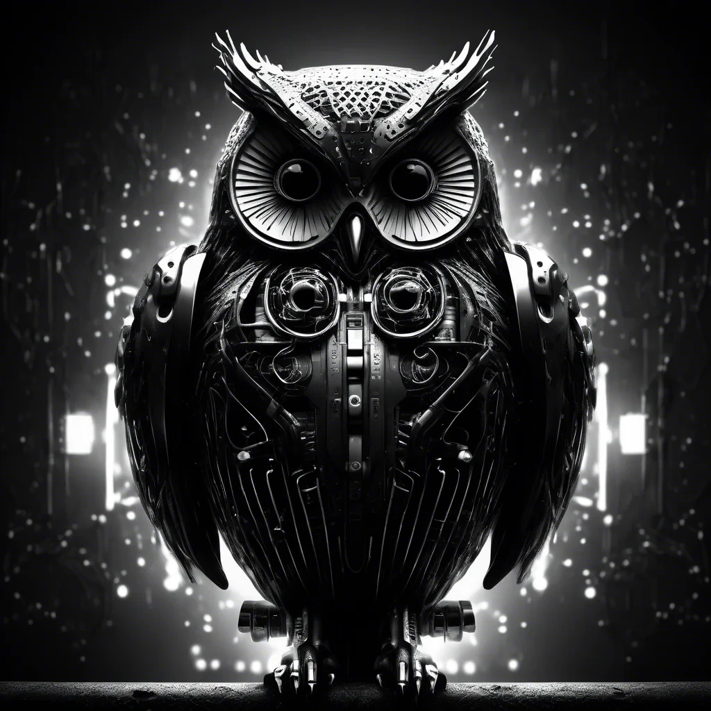 cyber owl in black and white moody dark atmosphere
