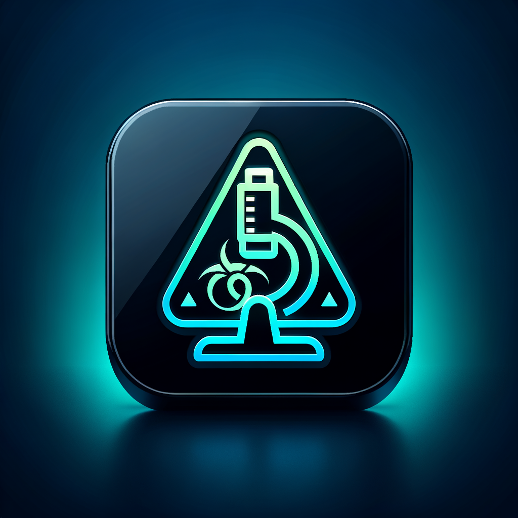 A sleek medical app icon showing a microscope merged with a warning/toxic symbol, representing toxicology analysis and diagnosis. Use dark blue background with neon green or teal highlights, futuristic and clean UI style, minimalistic, no text, sharp and clear lines.