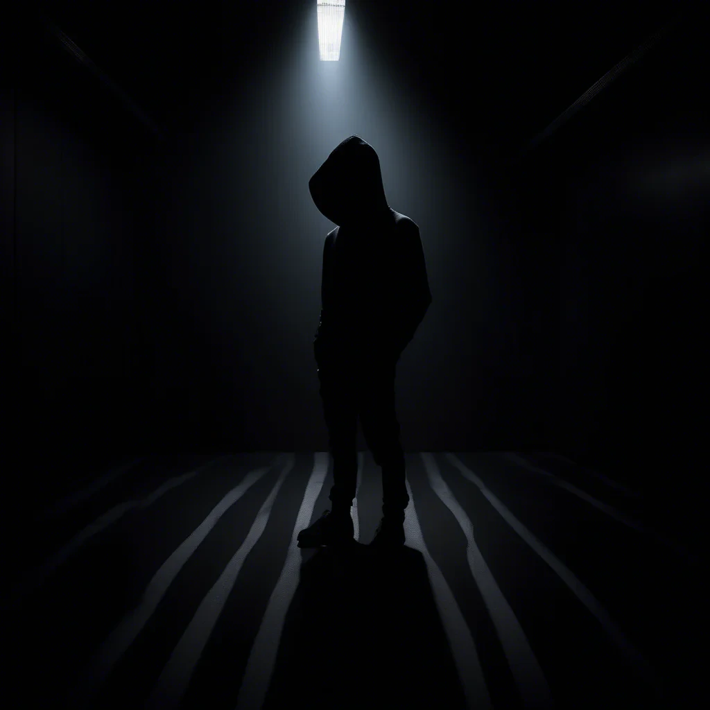 dark moody room with a siluette wearing a black hoodie with white stripes