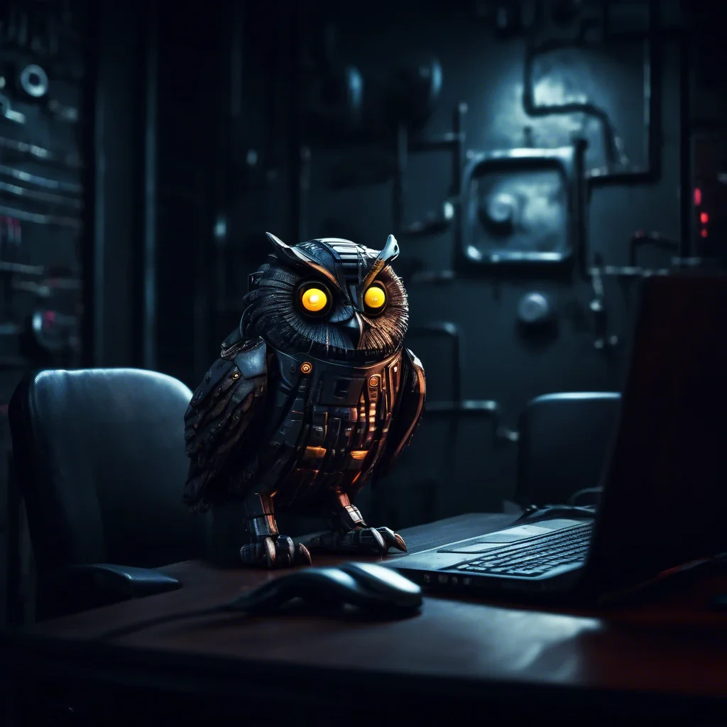 cyber owl in a dark moody room spying everyone