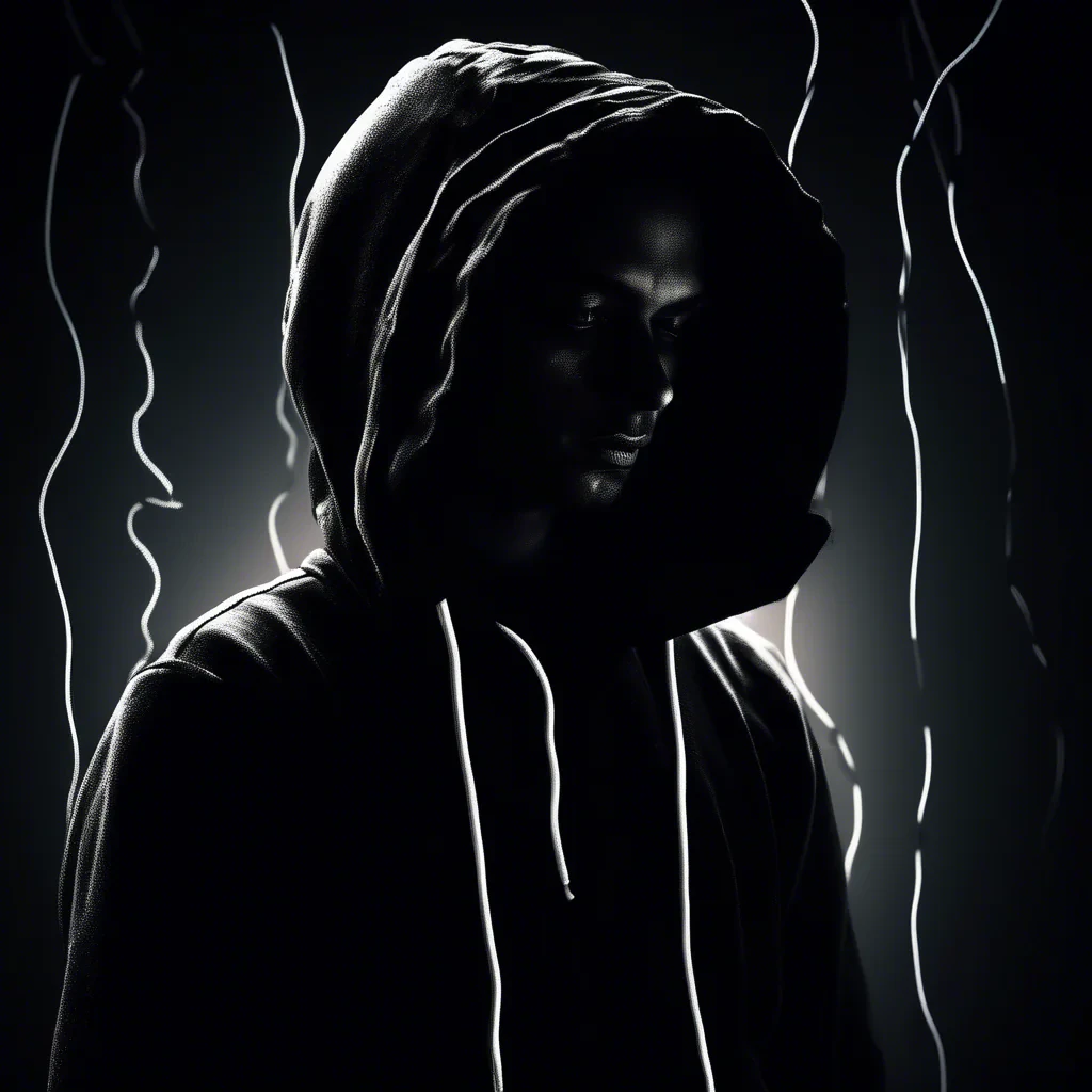 dark moody room with a portrait siluette wearing a black hoodie with white strings, looking up close