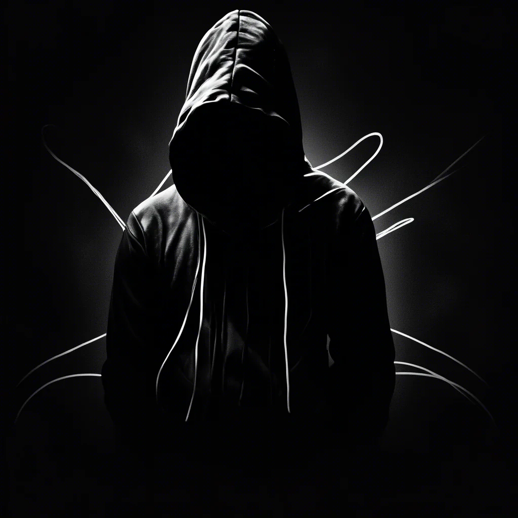 dark moody room with a portrait siluette wearing a black hoodie with white strings