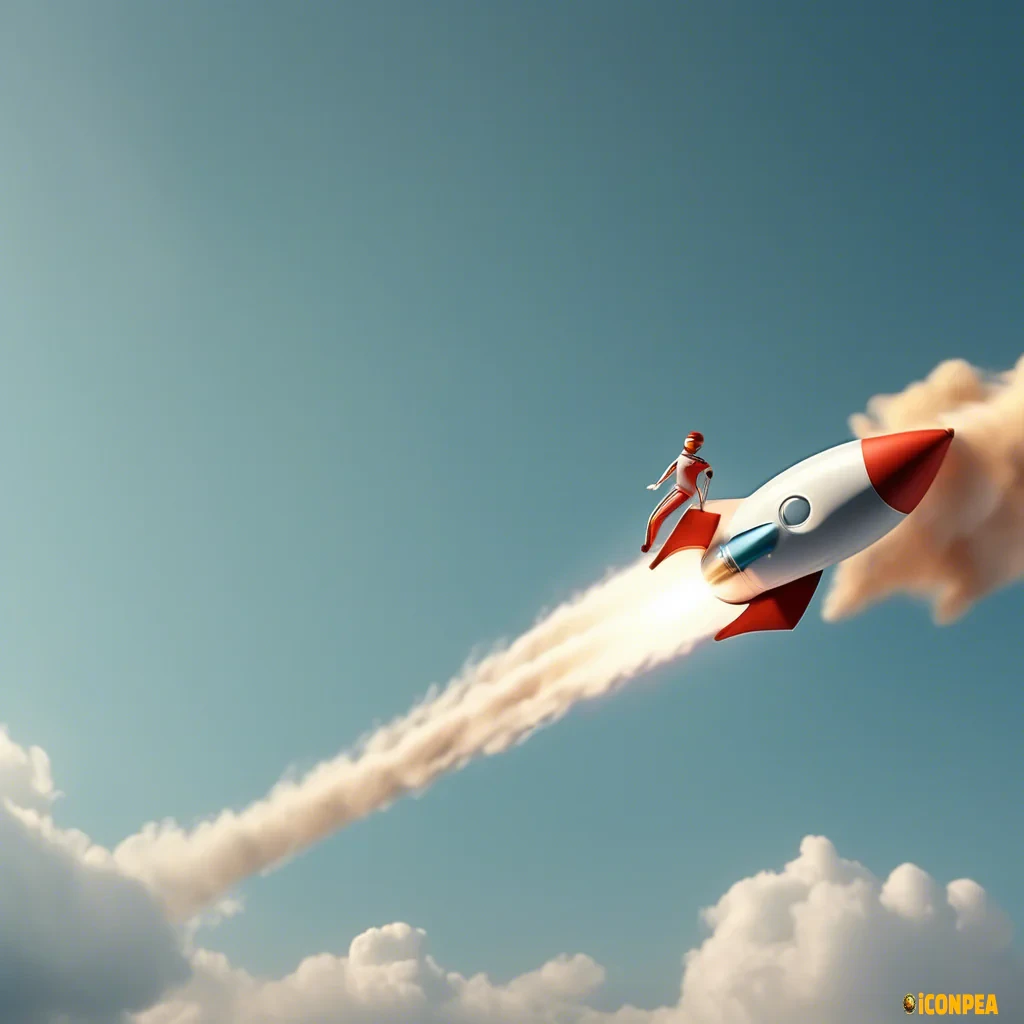 a human figure is on a rocket ship, the rocket ship flying at extremely high speed