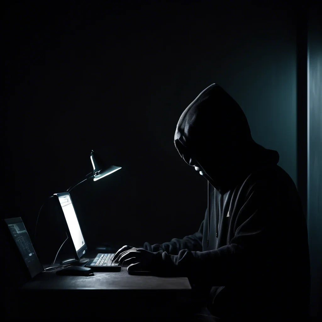 dark moody room with a siluette with a black hoodie, stearing at a computer screen