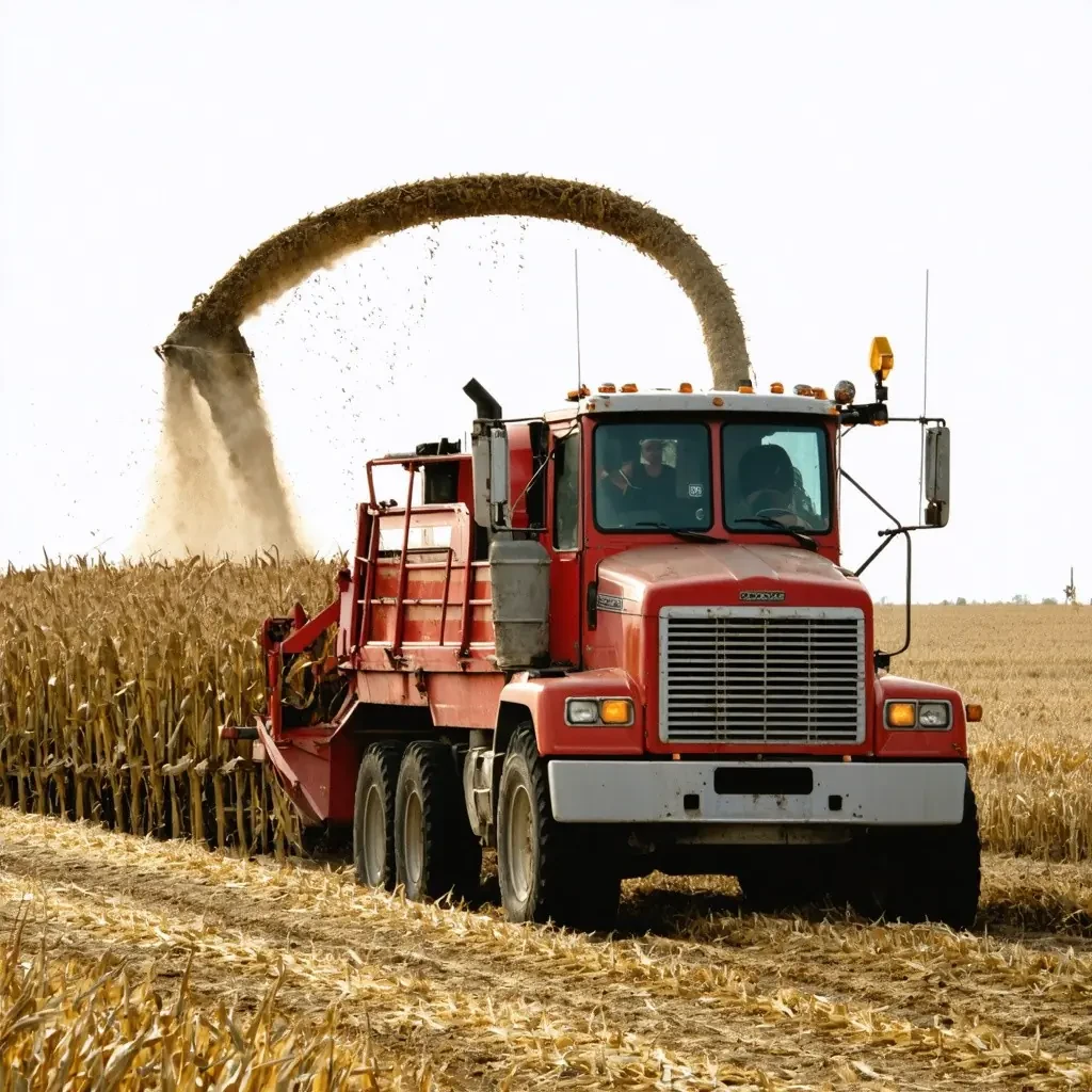 a corn harvester unloading in an american truck