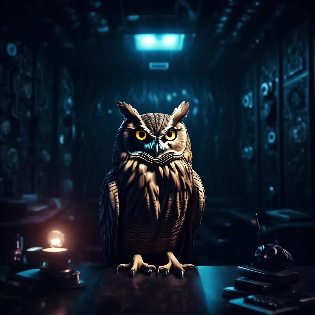 cyber night owl in a dark moody room illuminati behind