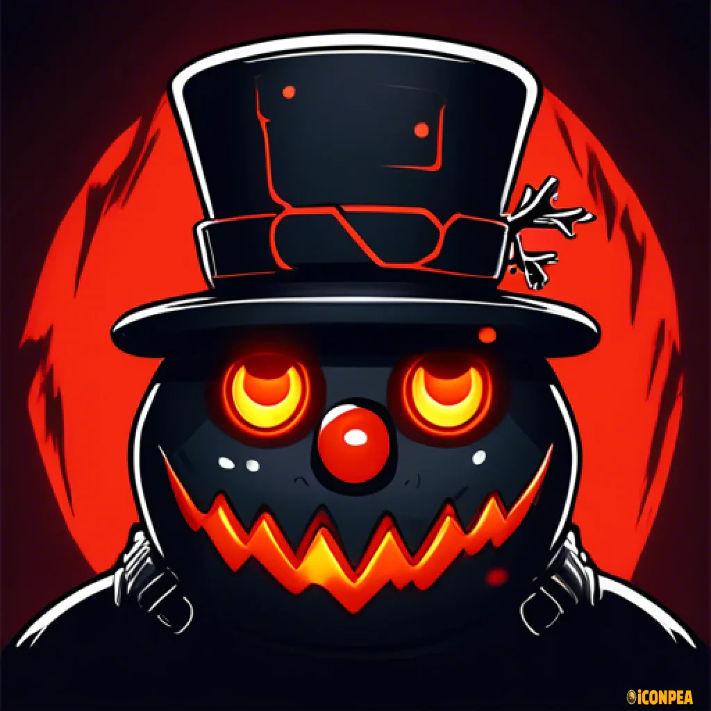icon for app the head of an evil black snowman with red eyes, who has a big gear instead of a hat and a bitten carrot instead of a nose
