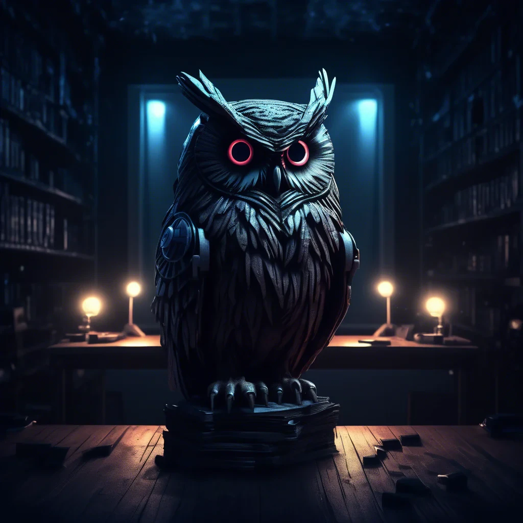 cyber night owl in a dark moody room illuminati behind