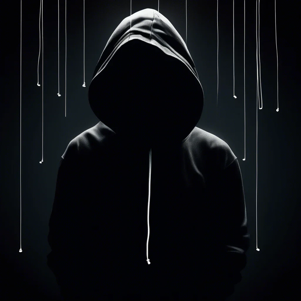 dark moody room with a portrait siluette wearing a black hoodie with white strings