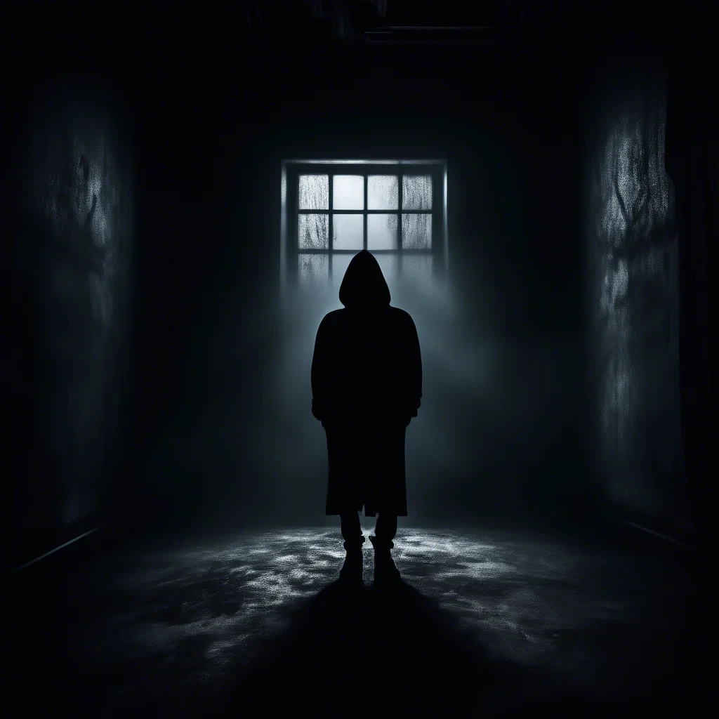 dark moody room with a siluette wearing a black hoodie, stearing with horrifying eyes