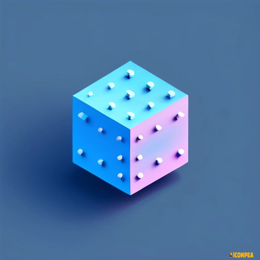 simple icon, low resolution, ai processing, blue, net dots surrounding pastel blue cube, 3d, isometric, tech design, solid dark gray background, no shadow