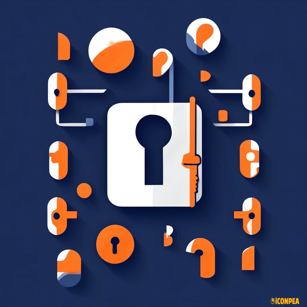 a simple icon for a locked room app in navy, orange and white include a key and question mark