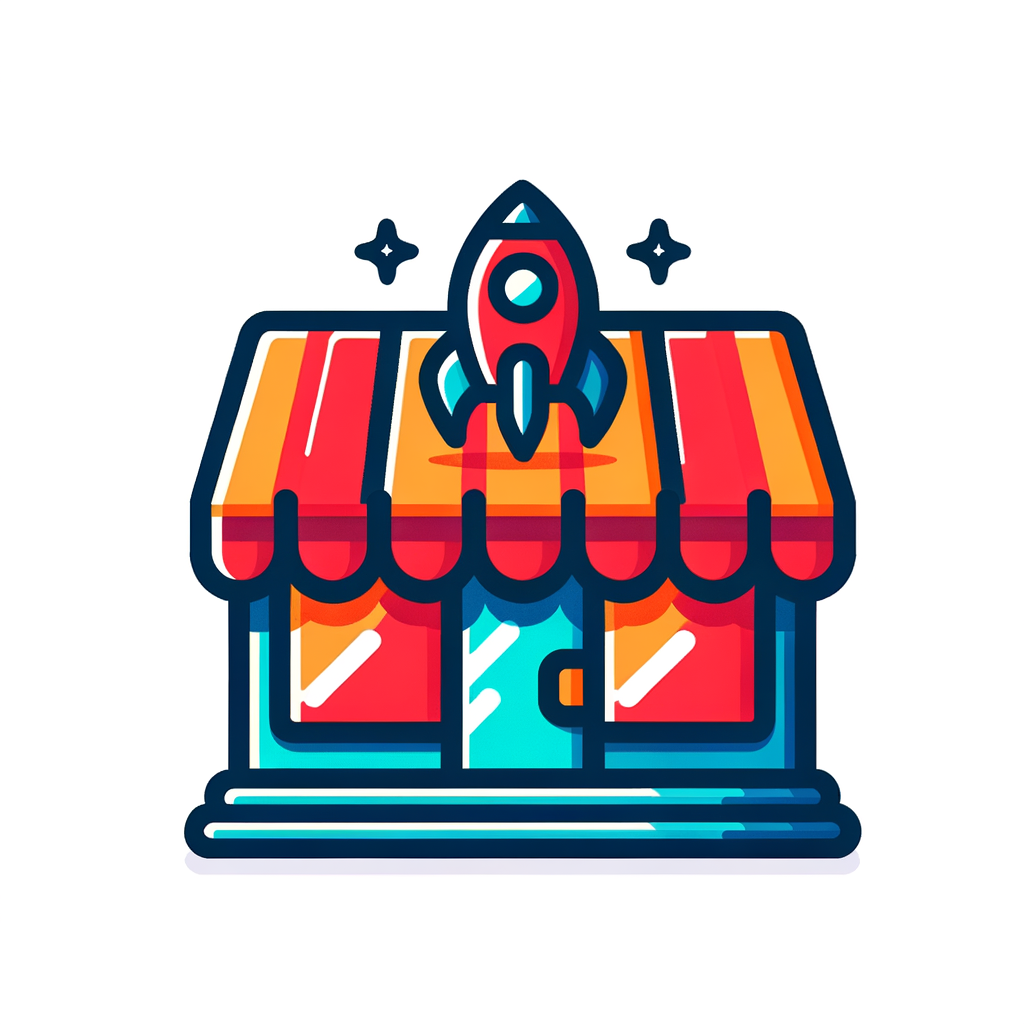 Flat vector icon of a storefront with a small rocket, symbolizing seller express service Style: clean flat design, bold and vivid colors, 2-color combination, minimal detail Outline: consistent 2px dark outline, rounded corners Background: transparent, no gradient, no shadow, no 3D effect Focus: single main object (storefront with rocket), conveying speed and professional service High resolution, scalable SVG format