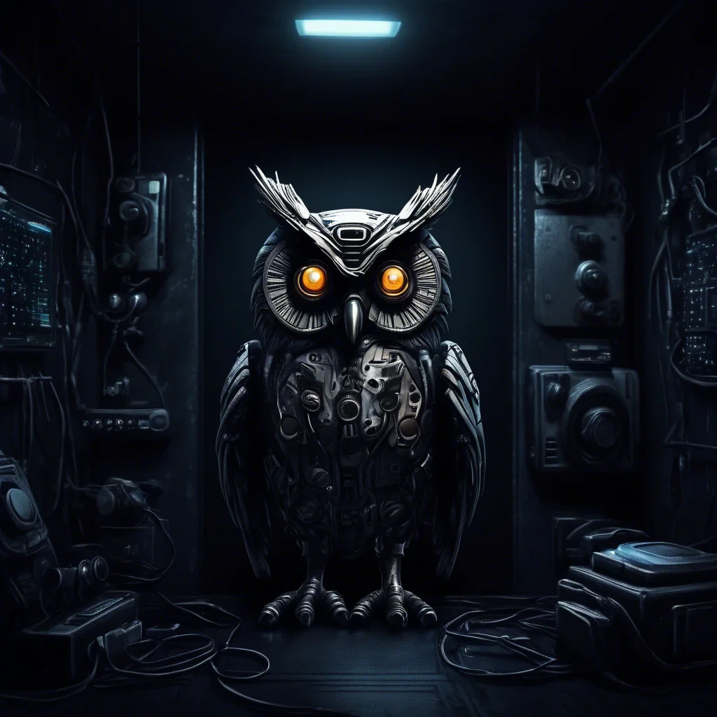 cyber owl in a dark moody room spying everyone