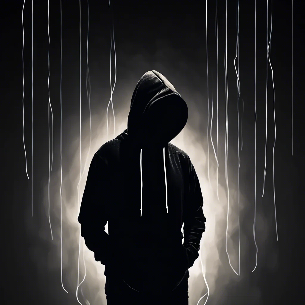 dark moody room with a portrait siluette wearing a black hoodie with white strings