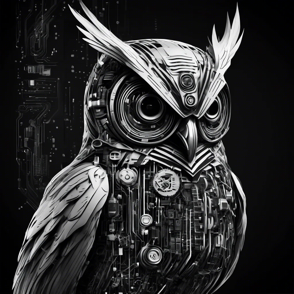 cyber owl in black and white