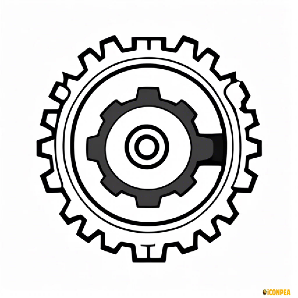 a simplistic outline of a cog or gear, with a play button from a remote control in the bottom-right corner. it should be 2d, black and white, and single lines