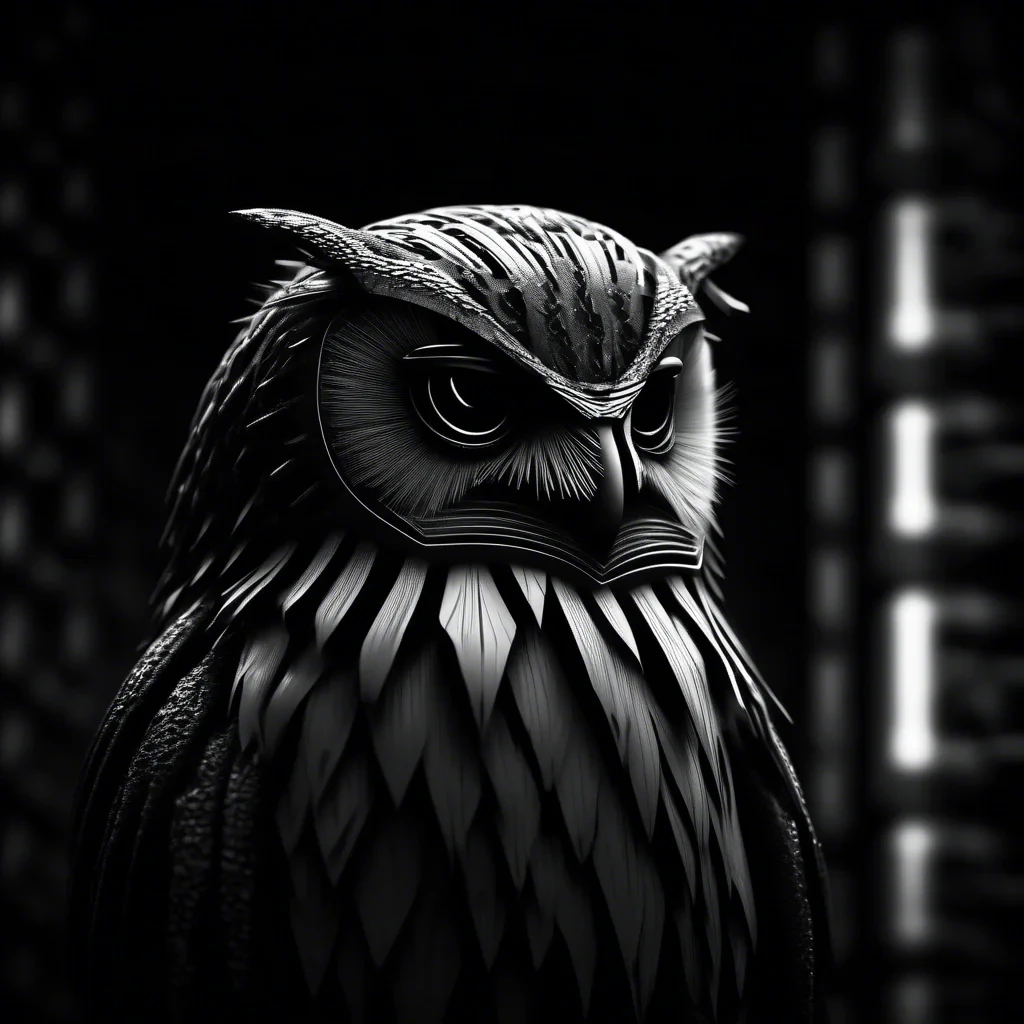 cyber spy owl in black and white moody dark atmosphere