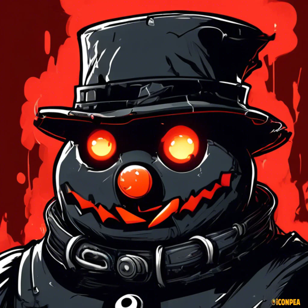 the head of an evil black snowman with red eyes, who has a big gear instead of a hat and a bitten carrot instead of a nose