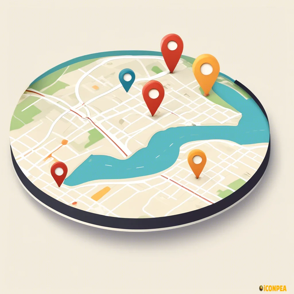 travel app, locations, routes, places, minimalistic, flat, map, round, max 3 colors, bauhaus
