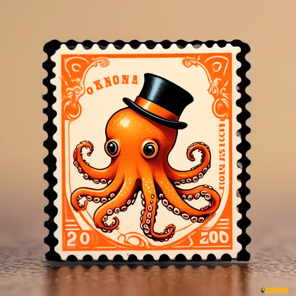 a postage stamp depicting a cute orange octopus in a top hat