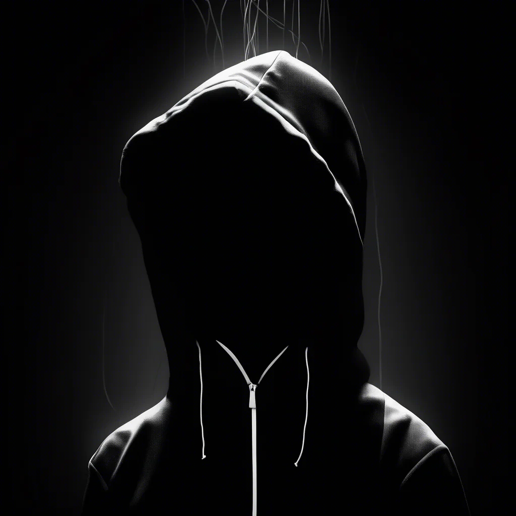 dark moody room with a portrait siluette wearing a black hoodie with white strings, looking up close