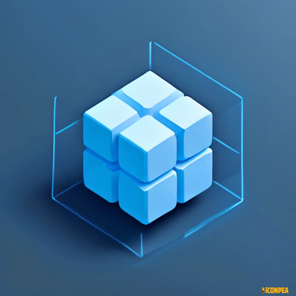simple icon, low resolution, ai processing, blue, net dots surrounding pastel blue cube, 3d, isometric, tech design, solid dark gray background, no shadow