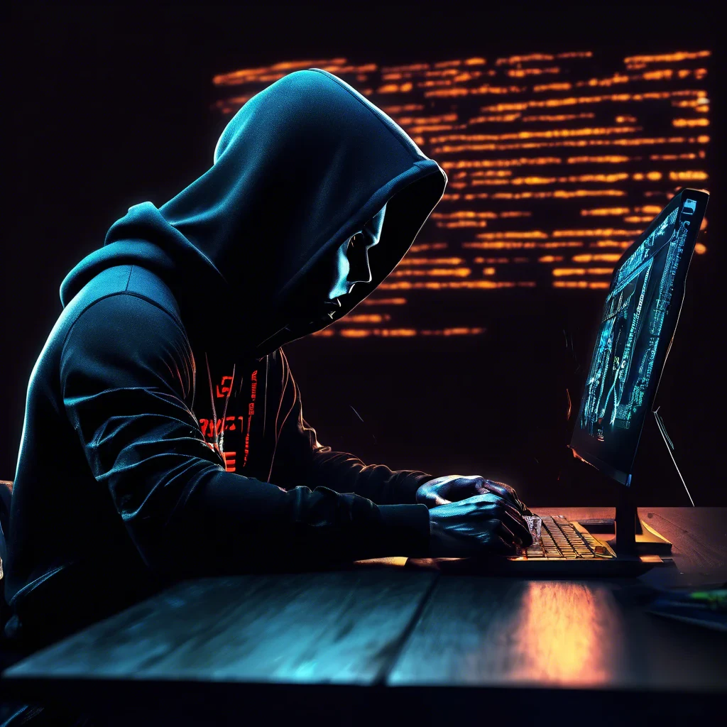 siluette with a black hoodie, stearing at a computer screen with code and energy drinks on the table