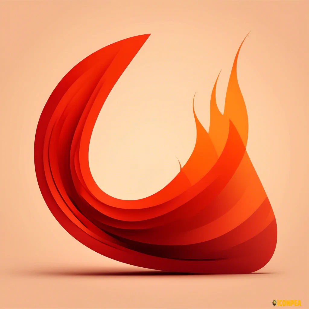 Abstract geometric ember symbol, minimal flowing curves suggesting fire, warm red-orange colors, negative space