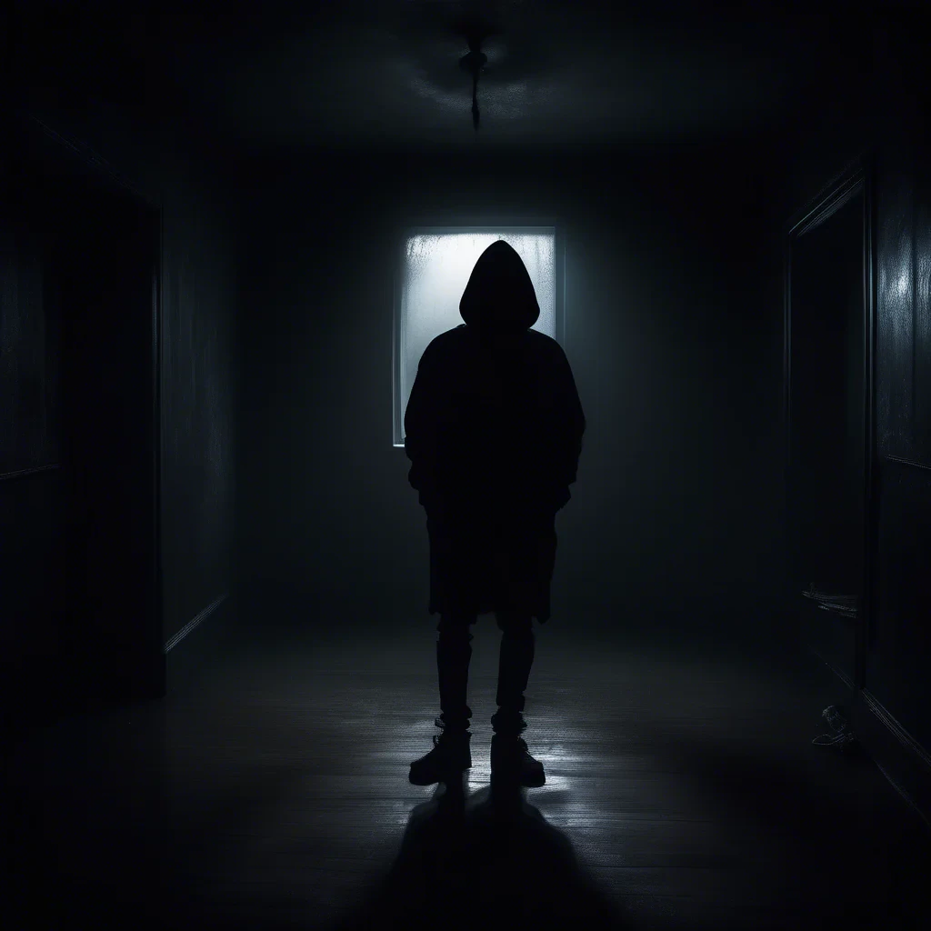 dark moody room with a siluette wearing a black hoodie, stearing with horrifying eyes