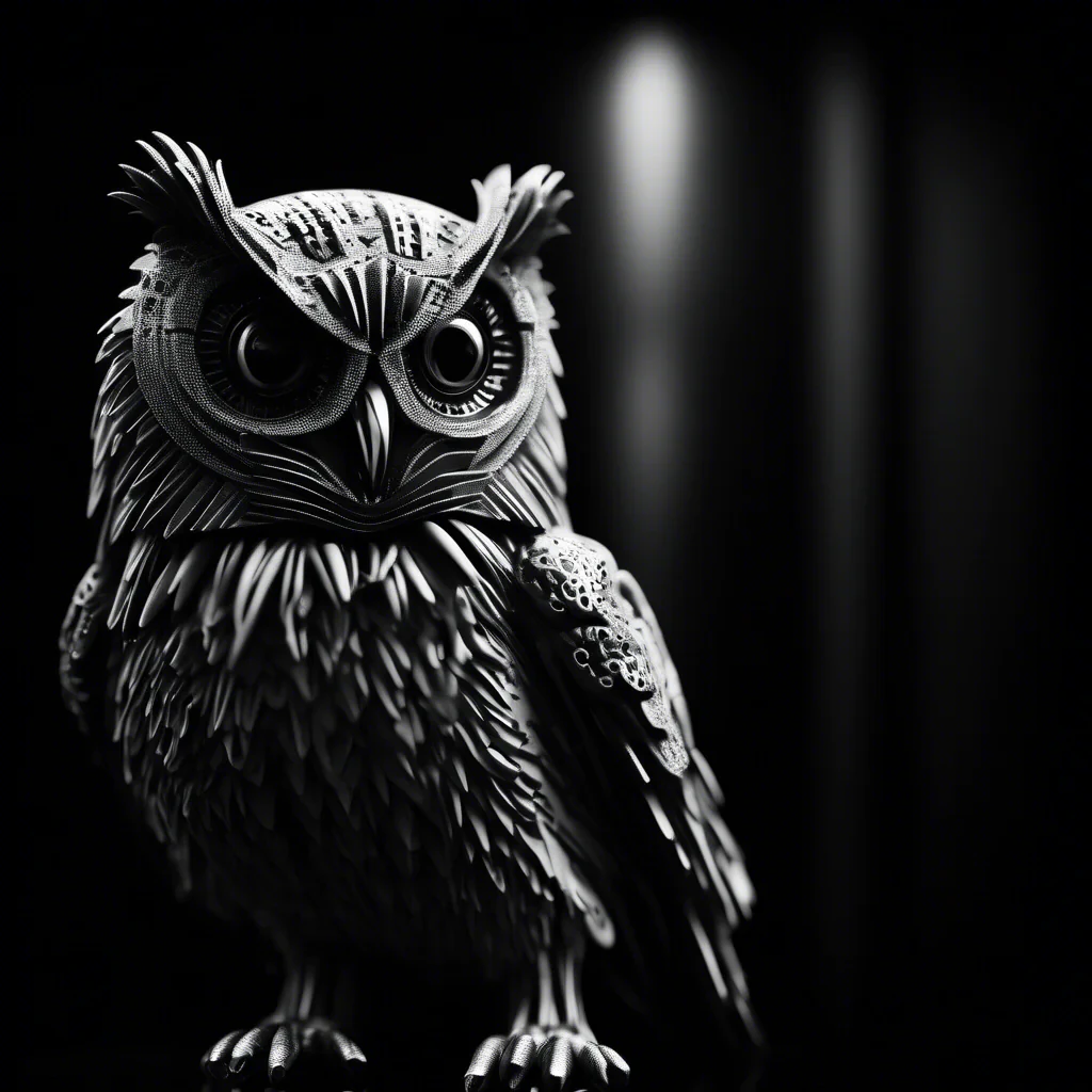 cyber spy owl in black and white moody dark atmosphere