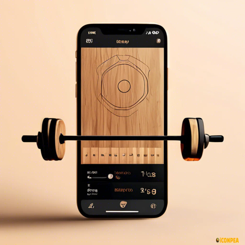 A sleek and user-friendly workout tracking app interface, prominently displaying a minimalist illustration of a wooden-handled barbell. The barbell is rendered in a clean, modern style, with the natural grain of the wood adding an organic touch to the digital scene. The barbell rests at the center of the screen, with the weight plates and bar appearing to be three-dimensional, as if they could be grasped.