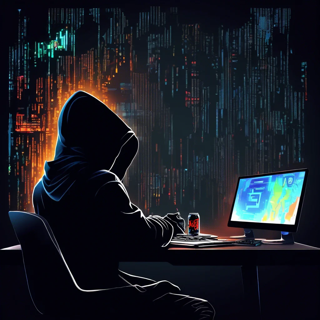 siluette with a black hoodie, stearing at a computer screen with code and energy drinks on the table